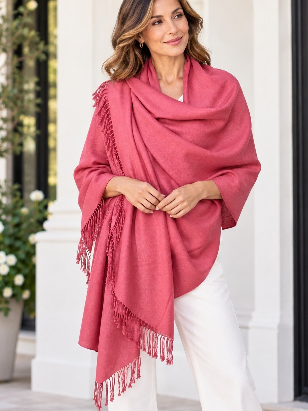 Pashmina Cotton Shawl Wrap Dusty Raspberry Fringed Scarf 31x68" Wedding Guest